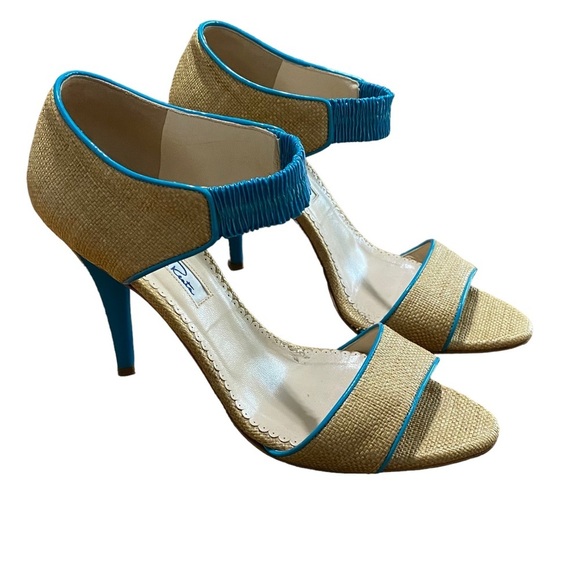 OSCAR DE LA RENTA - OPEN TOE BEIGE RAFFIA & TURQUOISE PATENT LEATHER - SZ 37 S8 - Picture 3 of 14